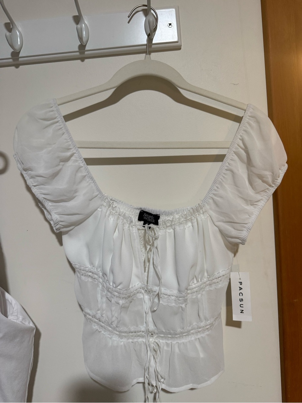 PacSun White Puff Sleeve Tie-Front Peasant Top